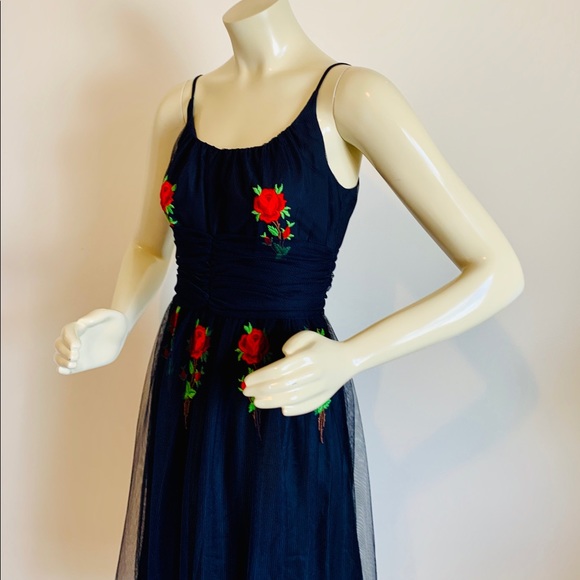 ANNA SUI Navy Blue Tulle Party Dress Red Rose Midi - Picture 3 of 6